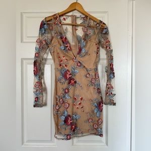 Embroidered floral pink mini long sleeve dress